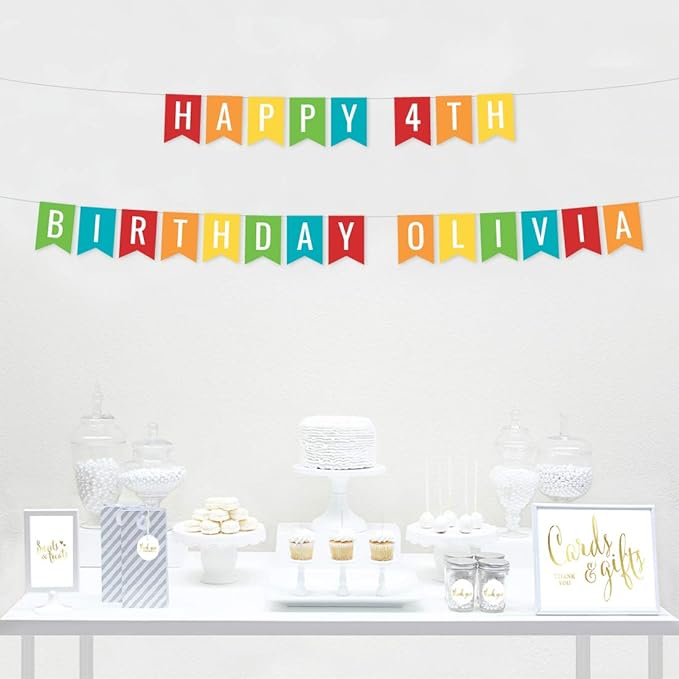 Andaz Press Personalized Hanging Pennant Banner Party Decorations, Rainbow Colors Red Orange Yellow Green Aqua Blue, Happy 4th Birthday Olivia, 1-Pack, Approx. 5-Feet, Custom Name and Number