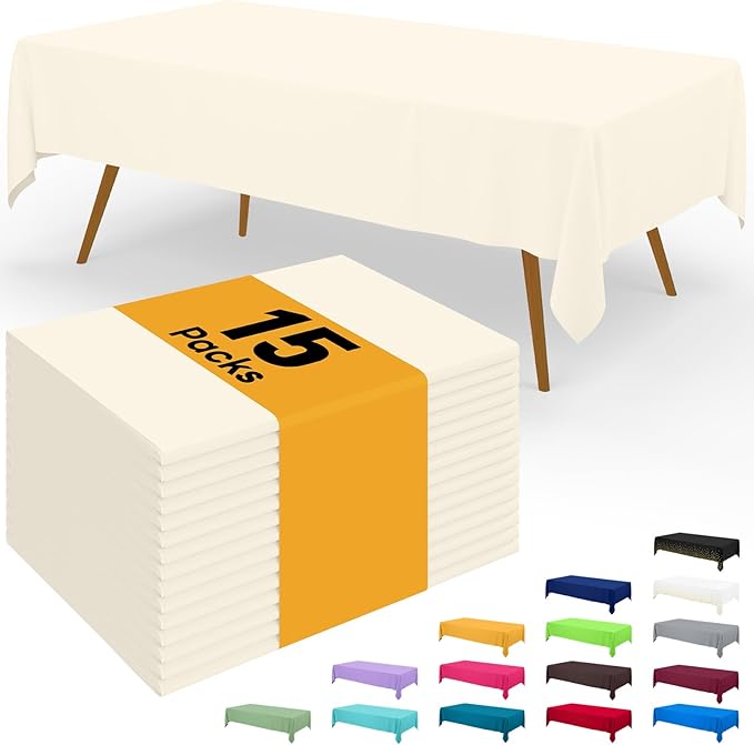 Smiry Disposable Table Cloth - 15 Pack, 54 x 108 Inch Waterproof Rectangle Tablecloths for Parties, Decorative Plastic Table Cover, Leakproof & Sturdy, Beige
