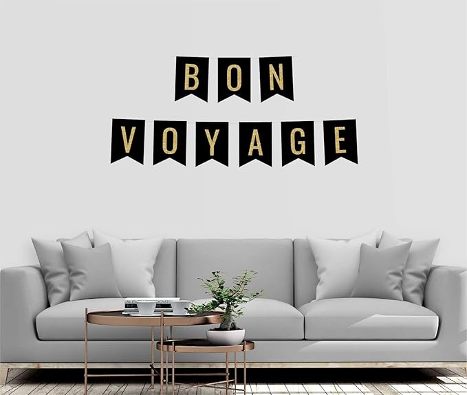 Andaz Press Faux Gold Glitter on Black Party Banner Decorations, Bon Voyage, Approx 5-Feet, 1-Set, Going Away Study Abroad Graduation Retirement Colored Hanging Pennant Decor