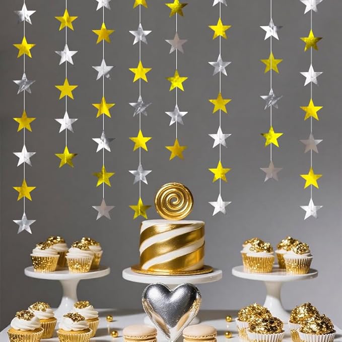 Gold Silver Shining Star Hanging Garland Gold and Silver Hanging Sparkling Star Streamer Glitter Bunting Banner Twinkle Backdrop for Wedding Baby Shower Birthday Christmas Decorations 40 Feet
