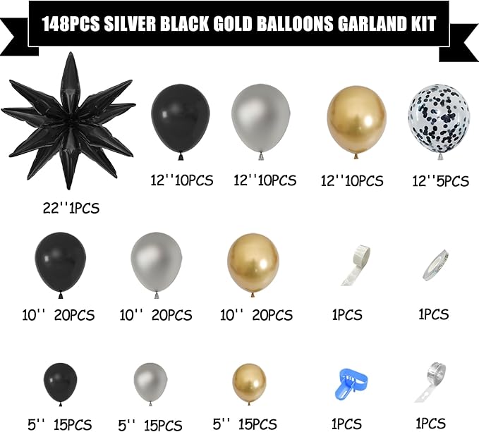 Amandir 145PCS Black and Gold Balloons Garland Arch Kit, 18''12''5'' Silver Metallic Black Gold Foil Balloons for 2026 New Year Men Wedding Anniversary Birthday Graduation Retirement Decorations