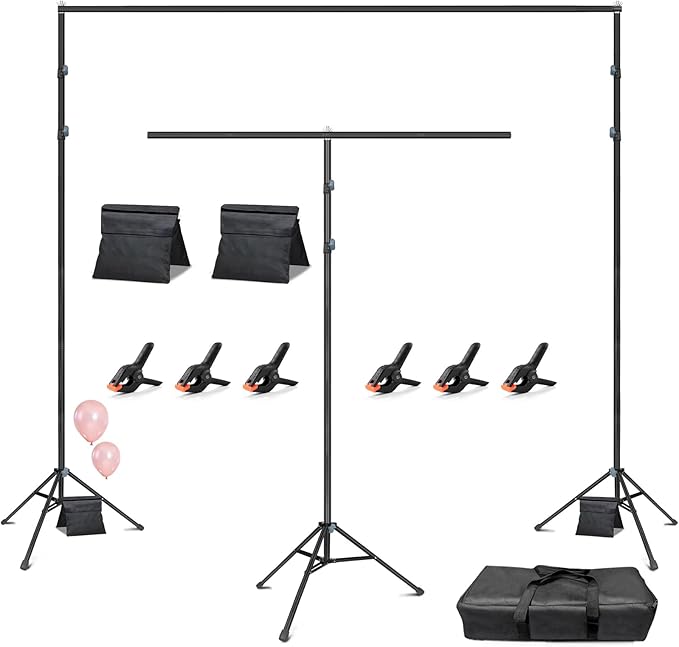 Hemmotop Photo Backdrop Stand 10x8.5ft(WxH), Heavy Duty Background Stand with 2 Sandbags, 2-in-1 T-Shape Photography Backdrop Stands for Party, Photo Booth, Balloon, Projector Screen, Wedding