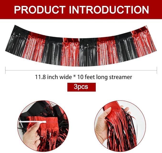 BEISHIDA 3 Packs Metallic Foil Fringe Garland Red Black Wall Hanging Tinsel Fringe Banners for Car Floats Bridal Shower Wedding Birthday Easter Graduation Holiday Party Decoration(30 Feet)