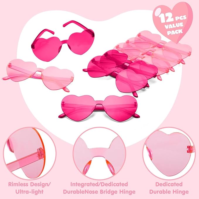 JOYIN 12 Packs Valentine's Day Plum Pink and Rose Red Heart Shaped Sunglasses, Classroom Exchange Gift for Kids, Classroom Holiday Prizes, Sunglasses for Women and Girl
