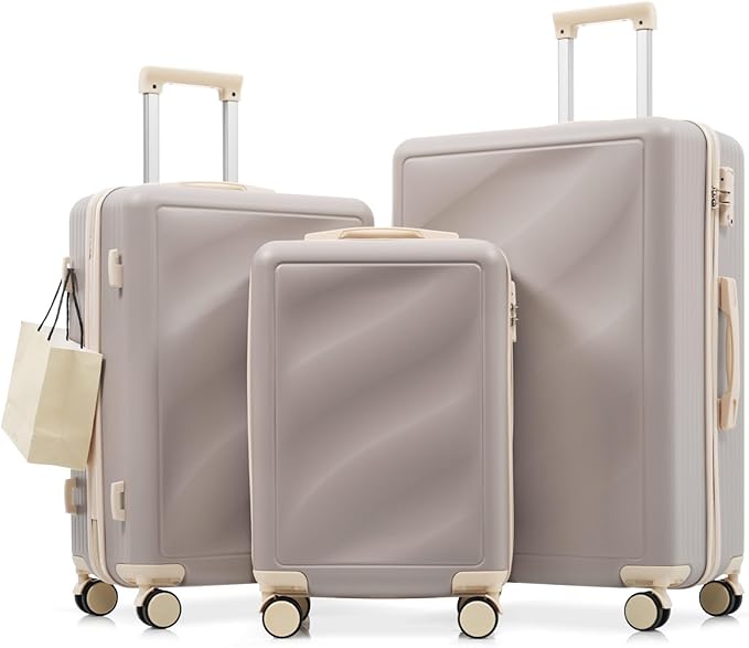 Hardside Luggage Sets, Lightweight Wave Suitcase with Spinner Wheels, Purple Wavy Lines