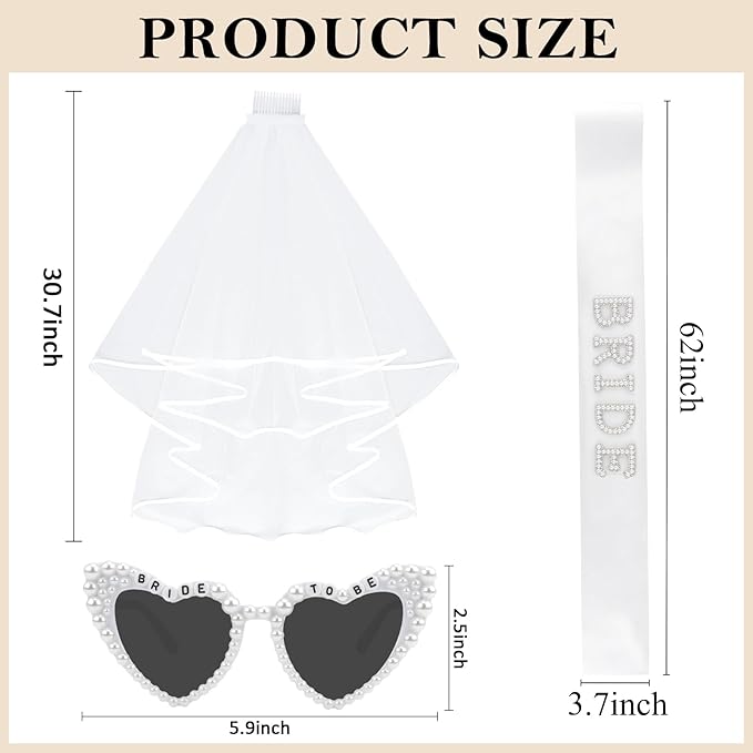 Bride to Be Set: Pearl-Trimmed Heart Sunglasses, Pearl BRIDE Sash & Tulle Veil - Bachelorette Party Bridal Accessories