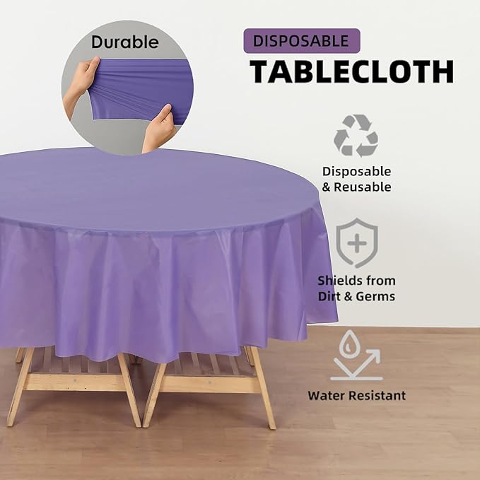 Craft And Party 12-Pack Purple Plastic Tablecloths – 84 Inch Round Disposable Table Covers, Heavy Duty & Waterproof for Parties, Events, Banquets, Purple