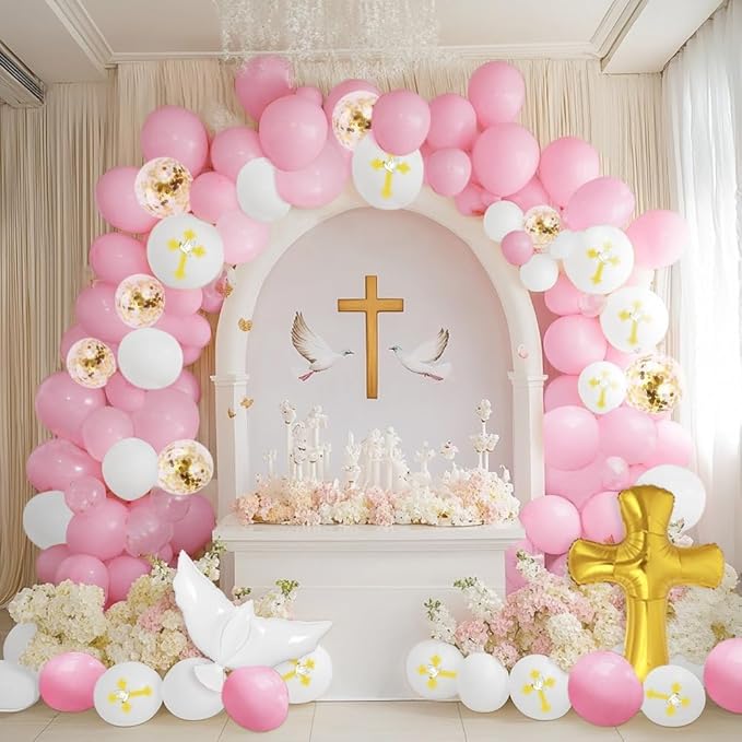 132Pcs First Holy Communion Pink Balloon Garland Arch Kit God Bless Baptism Party Decoration Christian Religious Decor Cross Dove Balloon Girl Mi Bautizo Christening Birthday Baby Shower Party Supplie