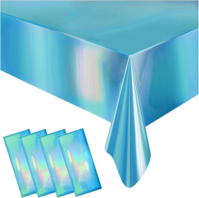 4 Pack Iridescent Plastic Tablecloths Disposable Table Cover Sparkly Foil Table Cloth for Rectangle Tables Party Decorations Birthday Princess Bridal Wedding Christmas Blue, 54 x 108 Inch
