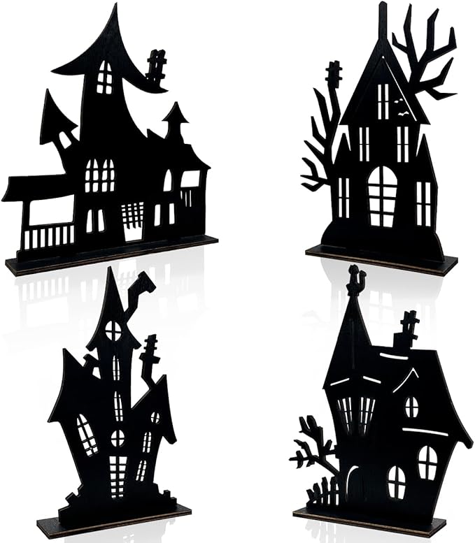 Halloween Decorations Indoor - 4 Pcs Halloween Table Decor Haunted House Black Wooden Sign Silhouette Sketch Ghost House Tabletop Centerpiece for Party Home Decorations