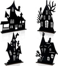 Halloween Decorations Indoor - 4 Pcs Halloween Table Decor Haunted House Black Wooden Sign Silhouette Sketch Ghost House Tabletop Centerpiece for Party Home Decorations