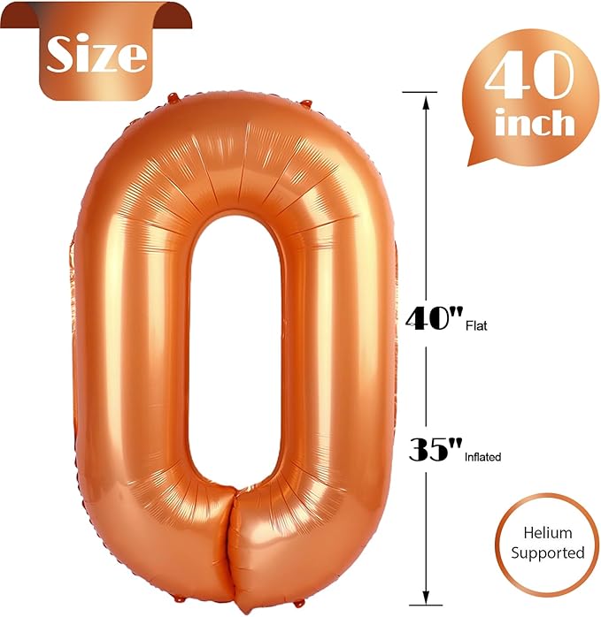 Orange Number Balloon 40 Inch, 0 Number Balloons, 10 20 30 40 50 Numbers Balloon Birthday Decorations, Orange Party Supplies for Women Men