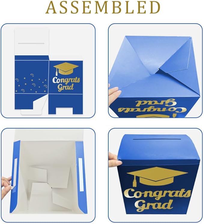 Graduation Card Box Holder, Congrats Grad Foldable Cardboard Decorations Box for Graduation Party Decoration and Grad Parties (Blue)