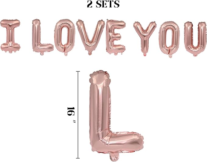 2 Set 16Pcs Rose Gold I LOVE YOU Letter Balloons 16in Balloon Foil Letter Decorations Party Decor Rose Gold Letter Balloons I LOVE YOU Party Supplies