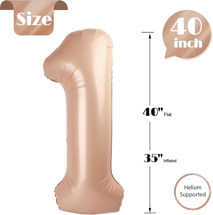Light Brown Number 1 Balloon for First Birthday 40 Inch, 1st One Number Balloons Birthday Decorations for Girl Boy Toddler Baby