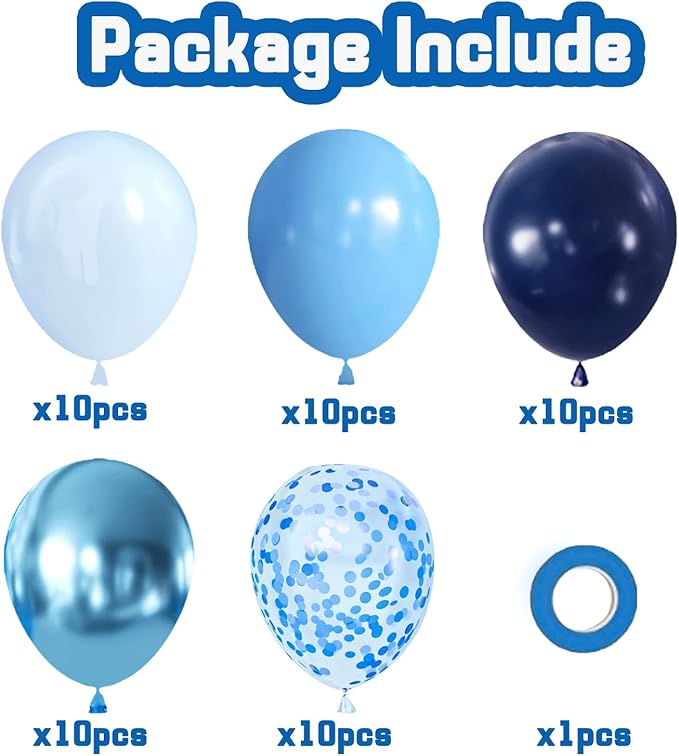 Blue Confetic Balloons Set,50 Pcs 12 Inch Navy Light Metallic Blue Balloon Kit Pastel Pale Blue Latex Balloon with Ribbon for Birthday Wedding Graduation Anniversary Party Decorations