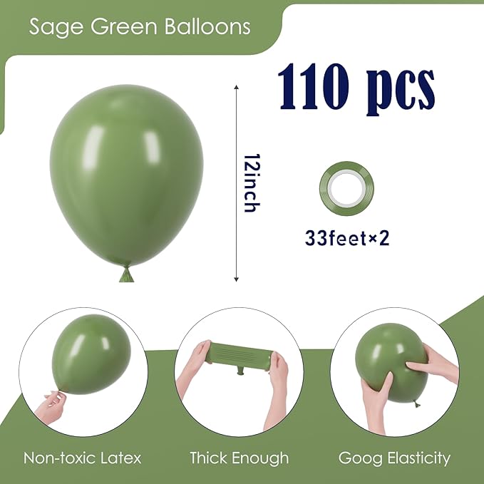 110pcs Sage Green Balloons 12inch Olive Green Latex Party Balloons for Graduation, Wedding, Birthday, Bridal Shower, Baby Shower, Anniversary Party Decorations