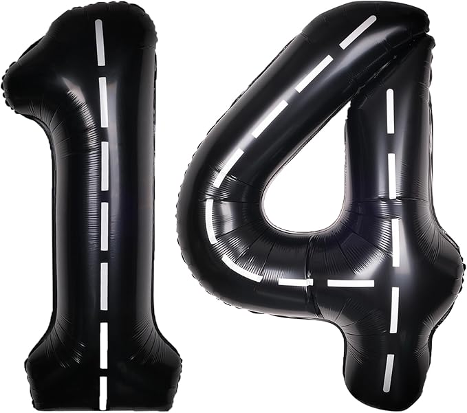Race Car 40Inch Black 14 Balloon Number Large Helium Race Track 0-9 Giant Digital 14th Foil Mylar Big Party Number Balloons for Boy Birthday Car Theme Party Anniversary Graduation Decorations