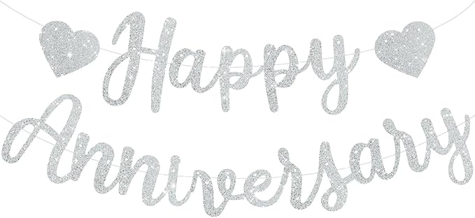 BEISHIDA Silver Happy Anniversary Banner, Pre-Strung - Glitter Happy Anniversary Banner，NO DIY - Silver Glitter Garland Sign for Wedding Party Decorations & Decor