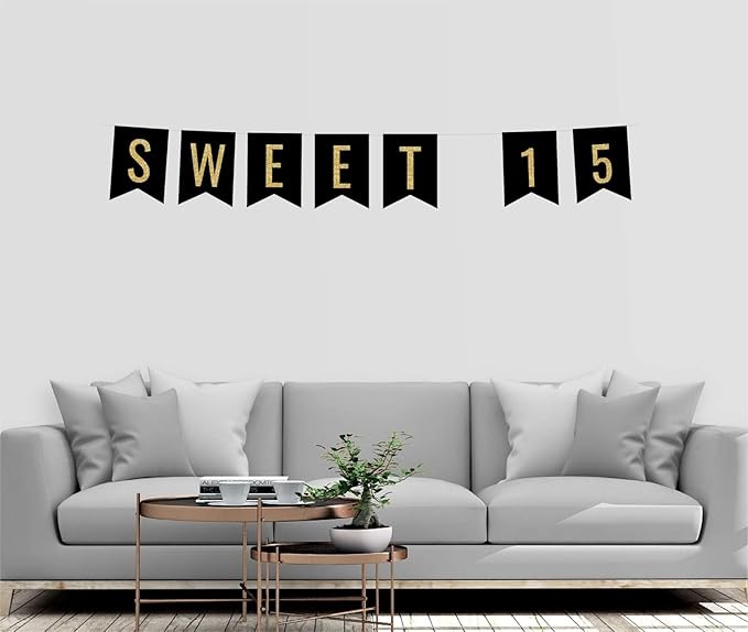Andaz Press Faux Gold Glitter on Black Birthday Party Banner Decorations, Sweet 15, Approx 5-Feet, 1-Set, Quinceañera 15th Birthday Colored Hanging Pennant Decor