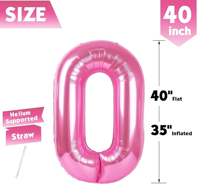 40 Inch Pink Number 0 Balloon, Giant Number 0 Balloons for 10th 20th 30th 40th Birthday Decorations, Party Supplies for Baby Boy Girl, Pink Party Decor