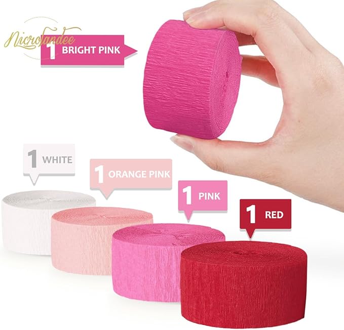 NICROLANDEE 5 Rolls Pink Red White Crepe Paper Streamers for Wedding, Birthday, Valentine's Day Decorations, Bachelorette, Bridal Baby Shower, Backdrop or Photo Booth
