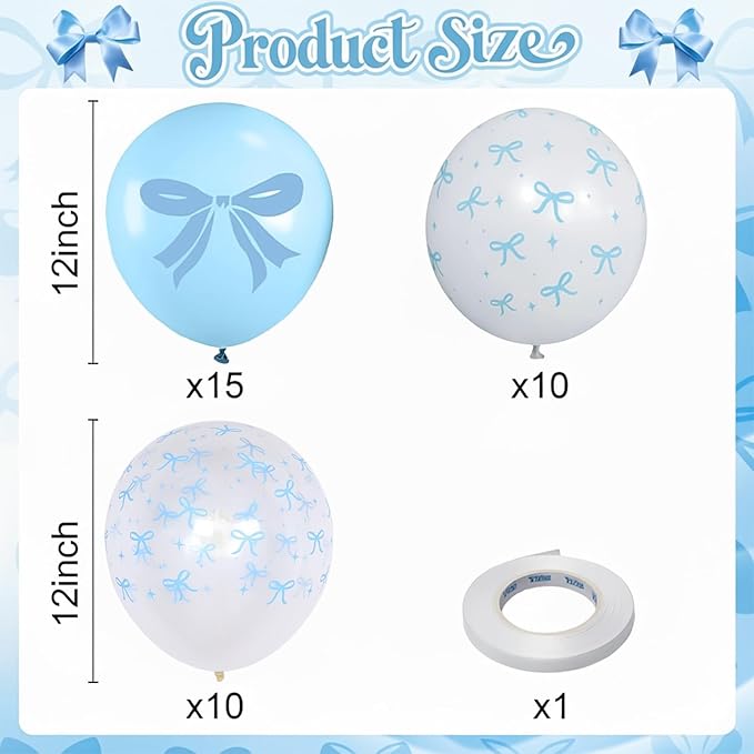 Blue and White Balloons Set, 12 Inch Light Baby Blue White Clear Bow Latex Balloon for Wedding Bridal Engagement Bachelorette Baby Boy Shower Winter Princess Birthday Theme Party Decorations Supplies