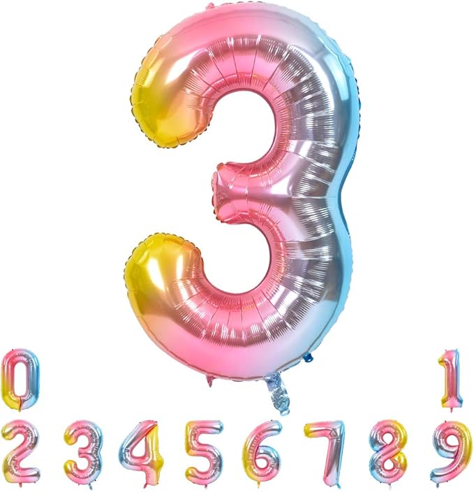 TONIFUL 40 Inch Rainbow Large Numbers Balloons 0-9, Number 3 Digital 3 Helium Balloons, Foil Mylar Big Number Balloons for Birthday Party Anniversary Supplies Decorations