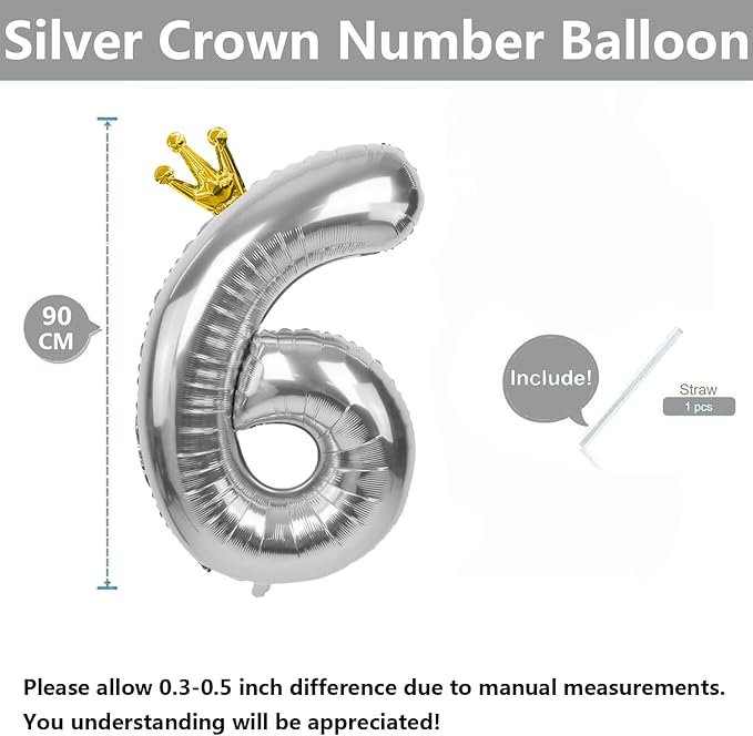 Silver Number 6 Balloon with Crown, 40 inch Silver Number Balloon 6th Birthday Party Decoration Silver Crown Balloons 0-9 for Birthday Party Anniversary Decorations Supplies
