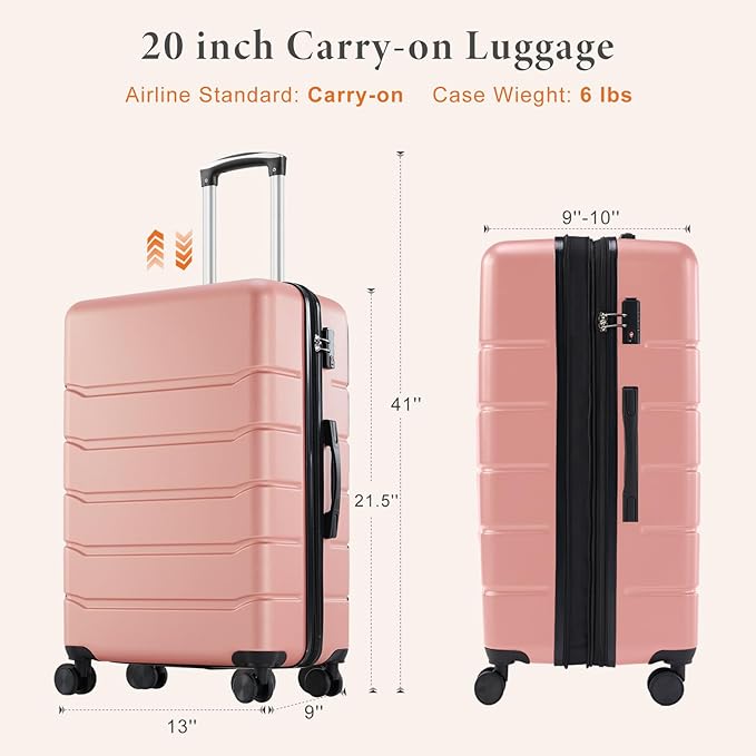 Sweetcrispy Carry on Suitcase, Luggage with Spinner Wheels, Hard Shell ABS, TSA Lock, 20 Inch Pink