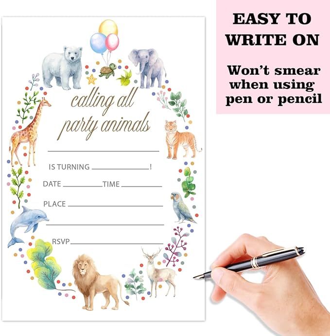 Jungle Safari Birthday Party Invitation Cards For Girls Boys Kids, Calling All Animals Birthday Party Supplies Favors, 20 Fill-In Invitation Cards with Envelopes -29