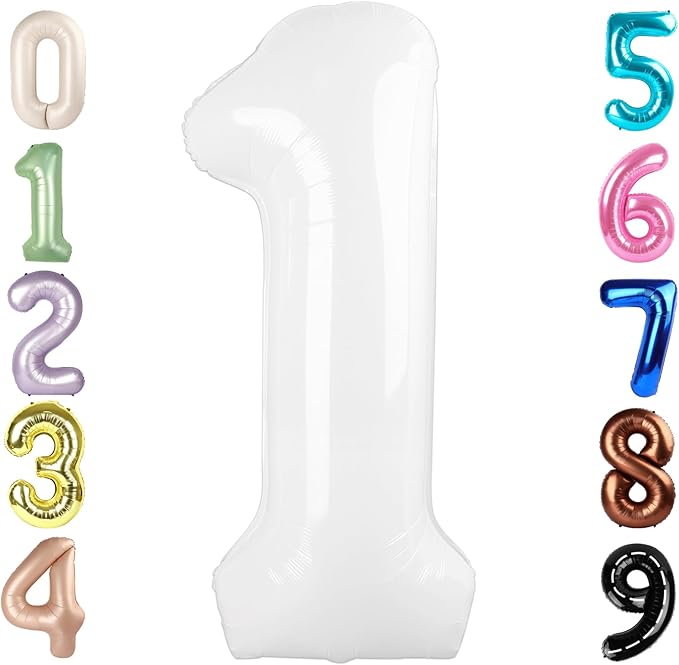 Number Balloons 1, 40 Inch One Balloons for 1st Birthday Girl Boy 1 11 21 Party Decorations Baby Shower Photo Shoot, White 1 Balloon