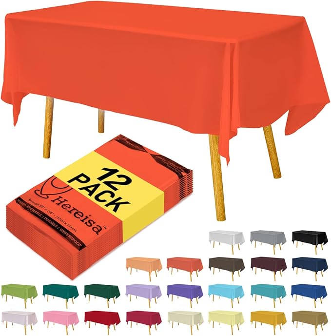 Premium Disposable Table Cloth - 12 Pack, 54 x 108 Inch for Parties, Decorative Rectangle Tablecloths, Orange Plastic Cover, Leakproof & Sturdy