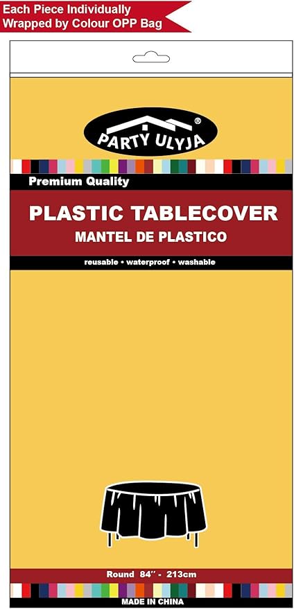 Yellow Plastic Tablecloths 2 Pack Disposable Table Covers 84 Inch Circle Bridal Shower Party Tablecovers PEVA Vinyl Table Cloths for BBQ Picnic Birthday Wedding Banquet Parties 6 ft Round Table Use
