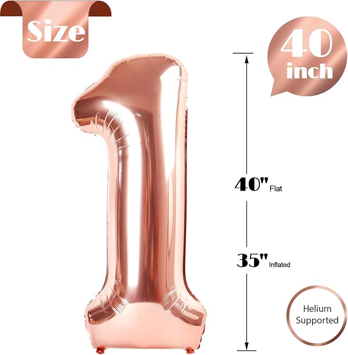 Rose Gold Number 1 Balloon for First Birthday 40 Inch, 1st One Number Balloons Birthday Decorations for Girl Boy Toddler Baby