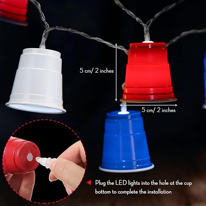 Hiboom Red White and Blue Cups Light, Christmas Shot Cups Fairy String Lights Battery Operated LED for 4th of July Independence Day Christmas Decor Memorial Day Bar Graduation RV Party(1 Pack)