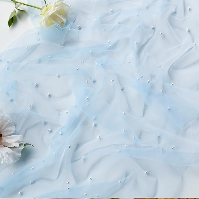 Artoid Mode 10PCS Pearl Blue Gauze Table Runner 120 Inch 10FT, Seasonal Sheer Dining Holiday Wedding Birthday Baby Shower Table Decor for Home Party