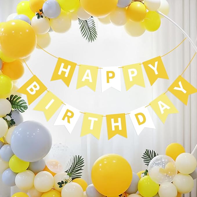 Hooqict Happy Birthday Banner Yellow Birthday Decorations for Kids Girls Women Birthday Tea Party Decorations Yellow Party Banner Garland Sign Bunting Flag Wall Porch Door Hanging Decor