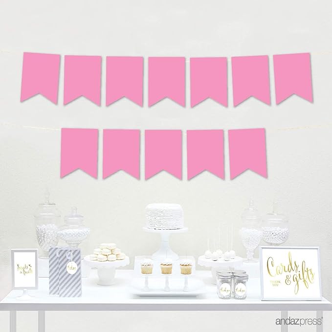 Andaz Press Hanging Pennant Banner with String, Pink, 1-Set, 24 Pennants, Approx. 12-Feet Long