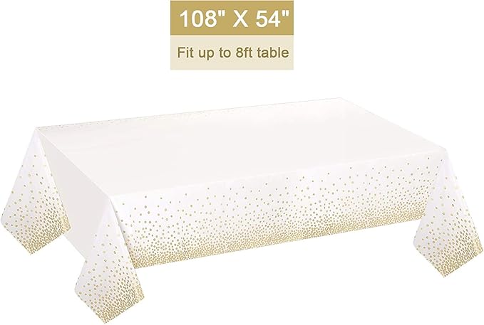 Gexolenu 12 Pack White Plastic Tablecloth for Birthday Party, Gold Dot Confetti Pattern Table Covers for Rectangle Tables, Fit for All Party, Thanksgiving Christmas Wedding, Anniversary,54" x 108"
