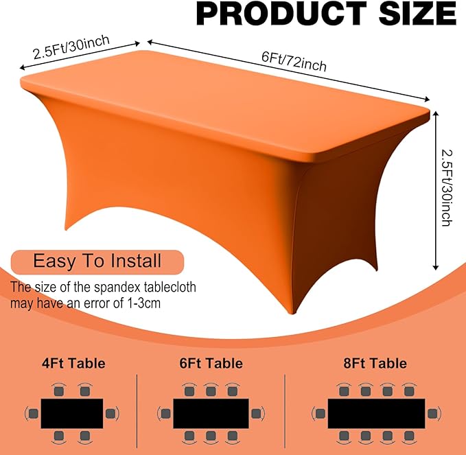 Trlyc 1 Pack 6FT Spandex Table Cloth - 72 x 30 Inch Rectangular Stretch Tablecloth, Wrinkle Resistant Scretch Table Cover for Wedding, Party, Banquet, Picnic, Outdoor Decoration (1Pcs,Orange)