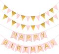 Irenare 4 Pieces Happy Birthday Banner Colorful Birthday Party Decor Rainbow Felt Garland Banner Rainbow Party Decorations Supplies(Pink, Gold)
