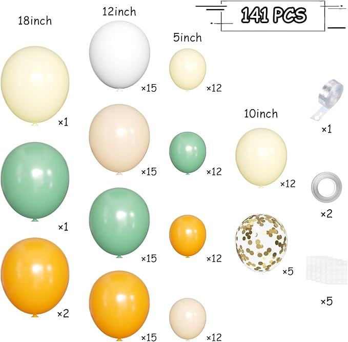Sage Green Orange Balloon Arch Kit, 141Pcs Pea Green Orange Pastel Yellow Sand White and White Latex Balloons for Birthday Wedding Baby Shower Gender Reveal Anniversary