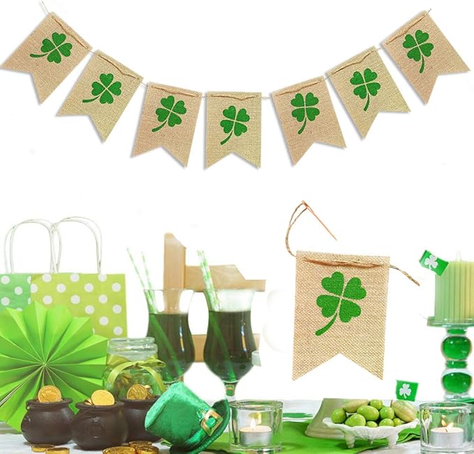 Shamrock Burlap Garland Banners for St.Patrick's Day Decorations Rustic Burlap Shamrock Clover Banner Garland for Irish Day, Office, Party Supplies Decor