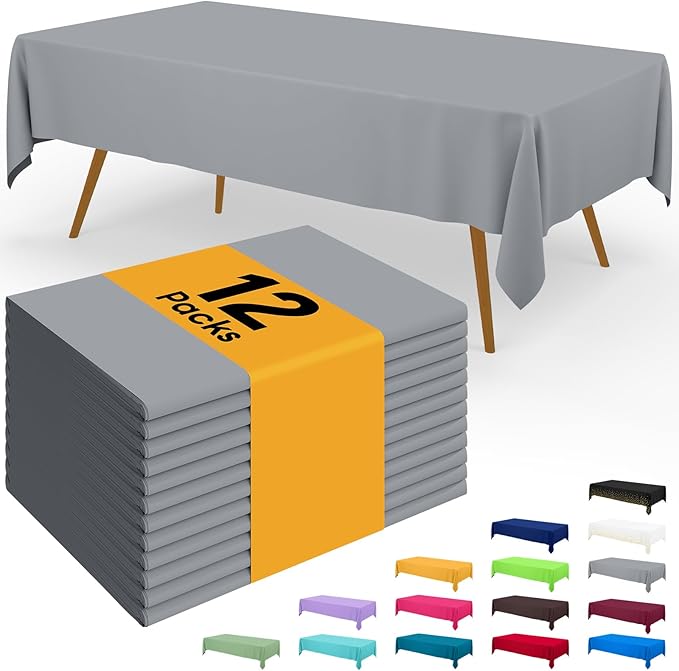 Smiry Disposable Table Cloth - 12 Pack, 54 x 108 Inch Waterproof Rectangle Tablecloths for Parties, Decorative Plastic Table Cover, Leakproof & Sturdy, Grey