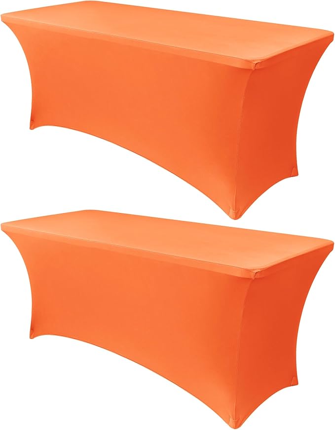 Obstal 6ft Stretch Spandex Table Cover for Standard Folding Tables - Universal Rectangular Fitted Tablecloth Protector for Wedding, Banquet and Party, 72L x 30W x 30H Inches, Orange, 2pc
