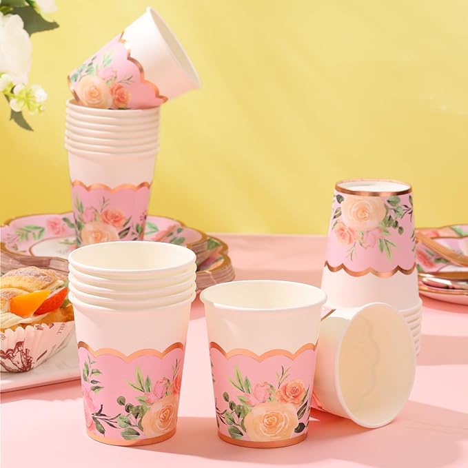 175PCS Tea Party Decorations, Floral Party Supplies, Bridal Shower Paper Plates, Floral Plates and Napkins Sets for Baby Shower, Brial Shower, Wedding, Serves 25 Guest