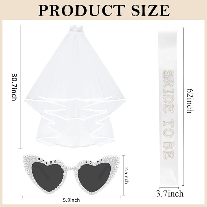Bride to Be Set: Pearl-Trimmed Heart Sunglasses, Pearl BRIDE Sash & Tulle Veil - Bachelorette Party Bridal Accessories