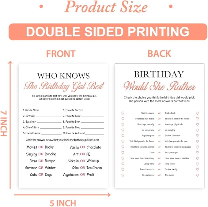 Birthday Party Decoration- Who Knows The Birthday Girl Best-Set of 2 Birthday supplies for 20 guests,Birthday Cards Set -20 Cards,Sweet Party Supplies