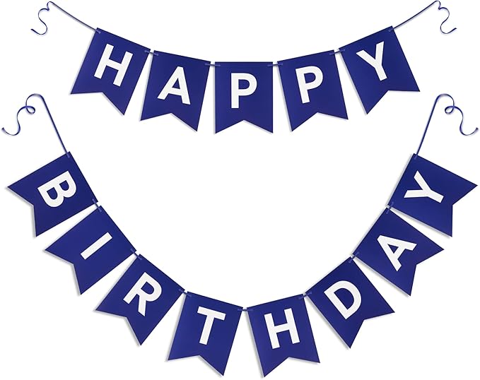 Blue Happy Birthday Banner - Navy Blue Hanging Backdrop Sign with White Letters, Happy Birthday Sign Bunting Decorations for Women men Kids Baby Shower Party Supplies (13pcs)